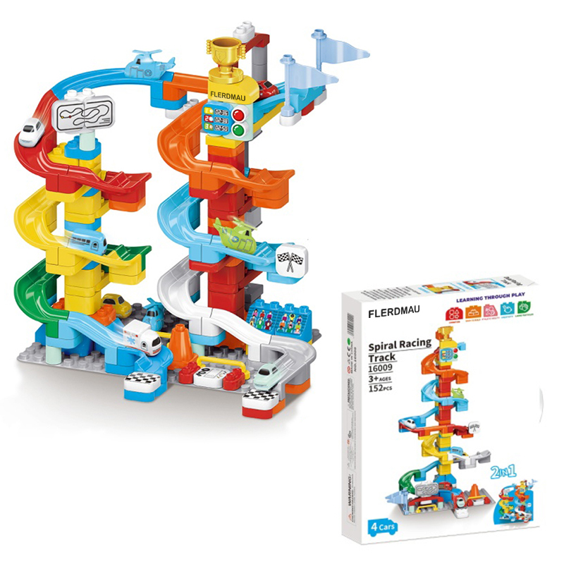 FLERDMAU Kids Dual Race Track Building Blocks Set – 152PCS with Cars & Helicopter